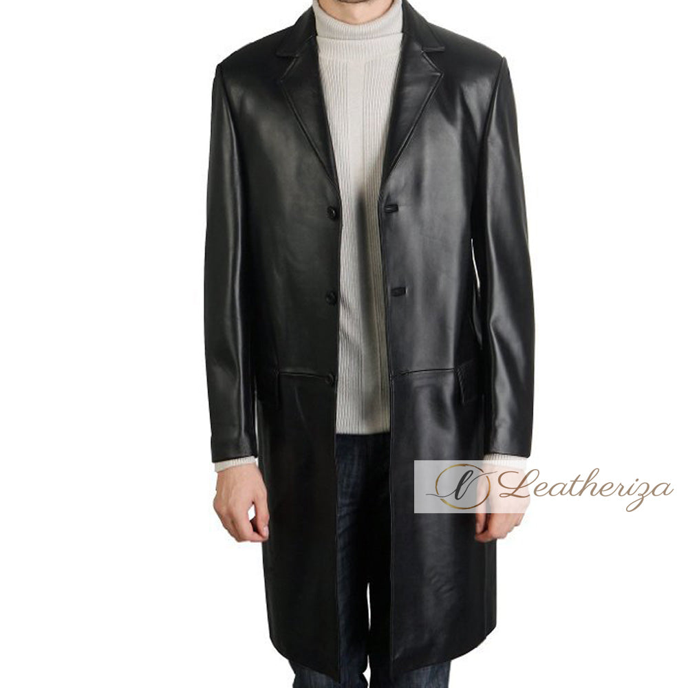Voguish Jet Black Leather Trench Coat For Men