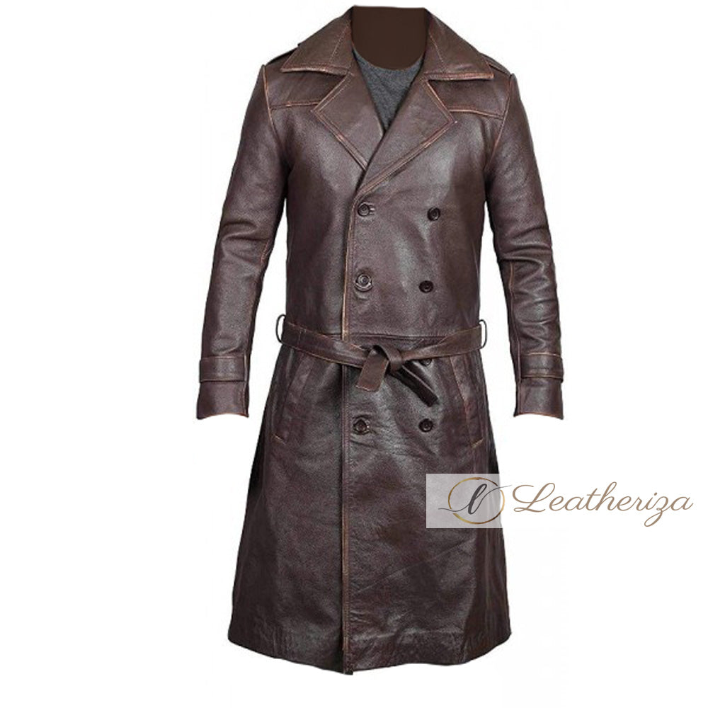 Brunette Brown Leather Trench Coat For Men