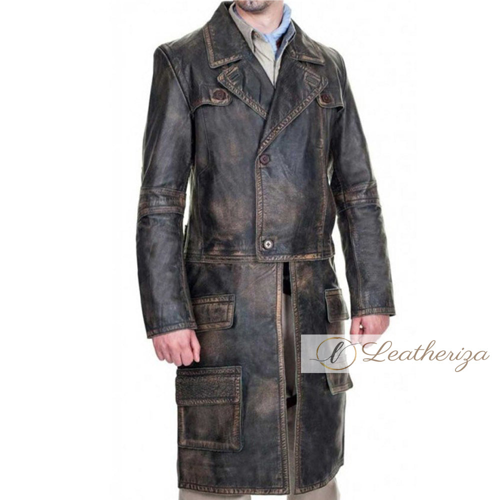 Classical Vintage Brown Leather Trench Coat For Men