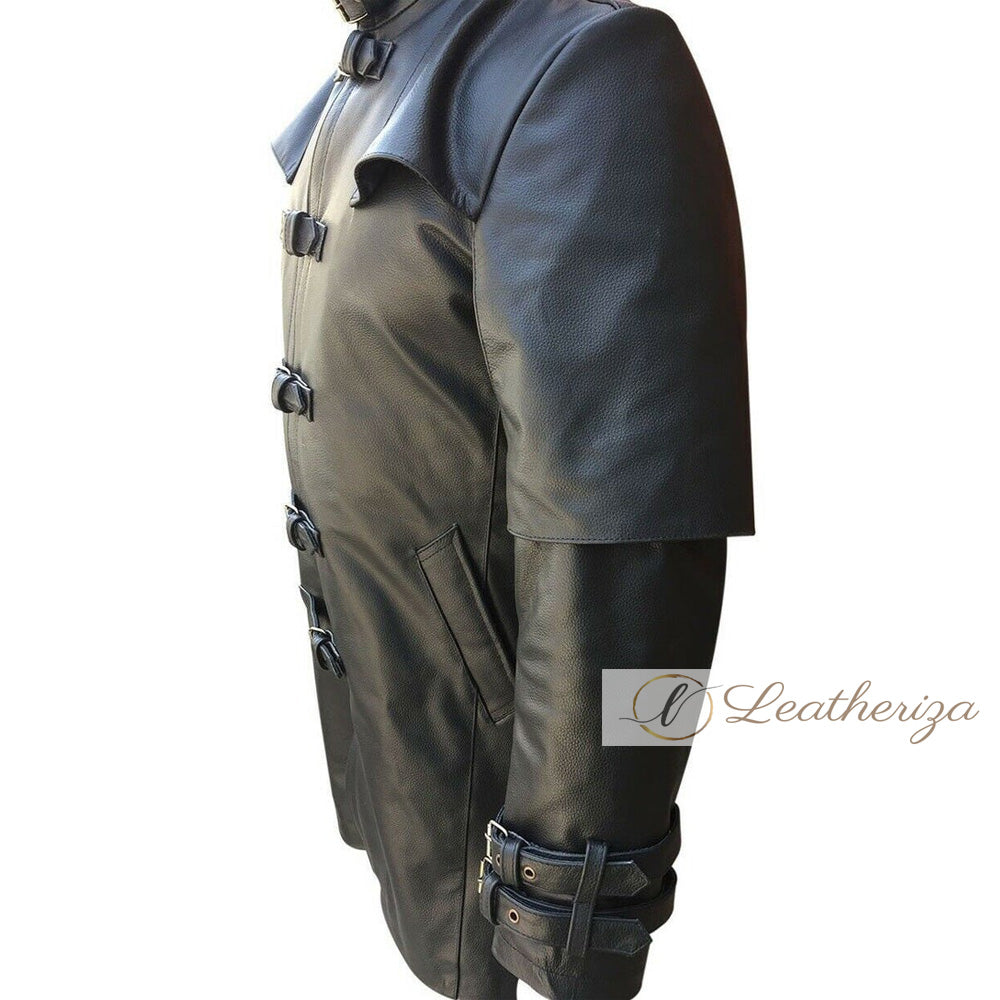 Spidey Men's Black Leather Trench Coat