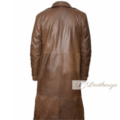 Stylish Walnut Brown Leather Trench Coat For Men