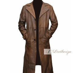 Stylish Walnut Brown Leather Trench Coat For Men