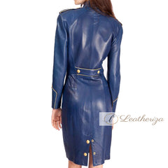 Stylish Admiral Blue Leather Trench Coat For Women
