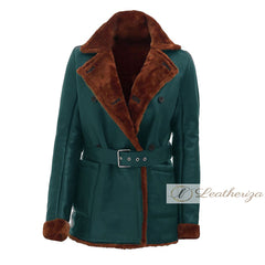 Pine Green Shearling Leather Coat For Women