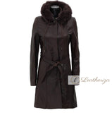 Ebony Black Leather Trench Coat For Women With Shearling Hoodie