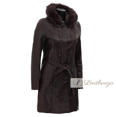 Ebony Black Leather Trench Coat For Women With Shearling Hoodie