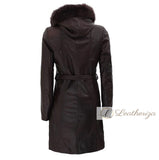 Ebony Black Leather Trench Coat For Women With Shearling Hoodie