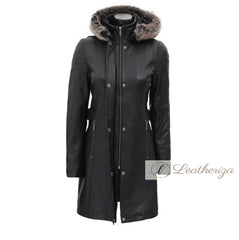 Nala Shearling Black Leather Trench Coat For Women
