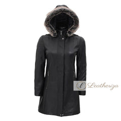 Nala Shearling Black Leather Trench Coat For Women