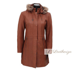 Stylish Shearling Leather Brown Trench Coat For Women With Hoodie