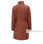 Stylish Shearling Leather Brown Trench Coat For Women With Hoodie