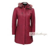 Shearling Burgundy Red Leather Trench Coat For Women with Hoodie