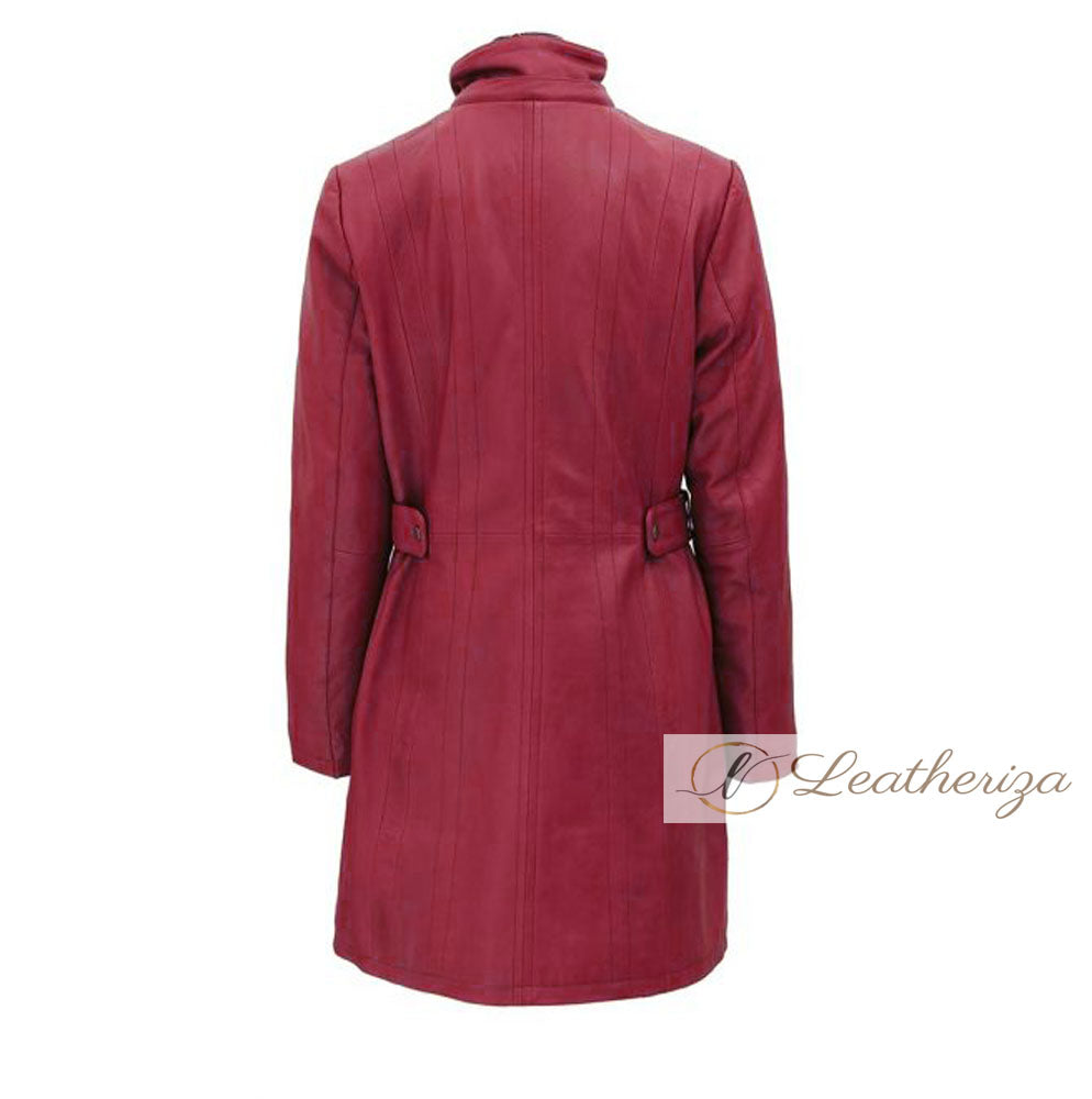 Shearling Burgundy Red Leather Trench Coat For Women with Hoodie