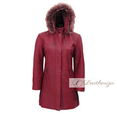 Shearling Burgundy Red Leather Trench Coat For Women with Hoodie