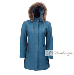 Stylish Shearling Blue Leather Trench Coat For Women with Hoodie