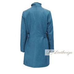 Stylish Shearling Blue Leather Trench Coat For Women with Hoodie