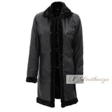 Raven Shearling Black Leather Trench Coat For Women