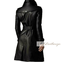 Shaylee Black Leather Trench Coat For Women