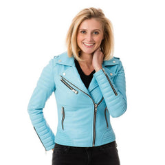 Genuine Sheepskin Leather Jacket for Women Turquoise Blue