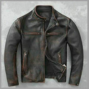 Men?s Motorcycle Vintage Cafe Racer Distressed Black Biker Real Leather Jacket