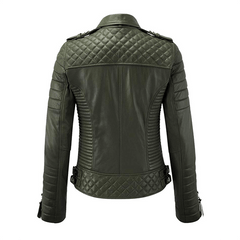 Women Stylish Motorcycle Biker Genuine Sheepskin Leather Jacket for Women Olive Green