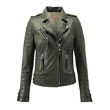 Women Stylish Motorcycle Biker Genuine Sheepskin Leather Jacket for Women Olive Green