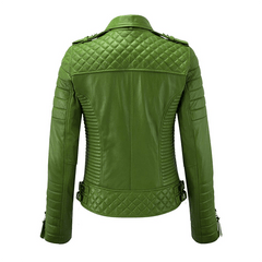 Women Stylish Motorcycle Biker Genuine Sheepskin Leather Jacket for Women Light Green