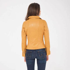 Yellow Women?s Leather Biker Genuine Sheepskin Jacket for Women