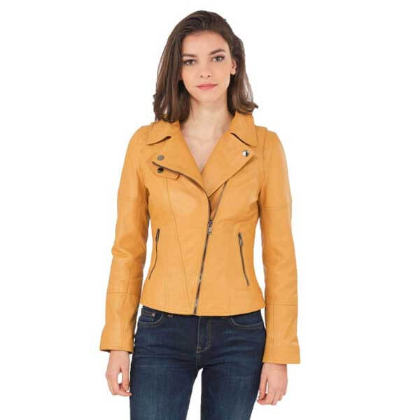 Yellow Women?s Leather Biker Genuine Sheepskin Jacket for Women
